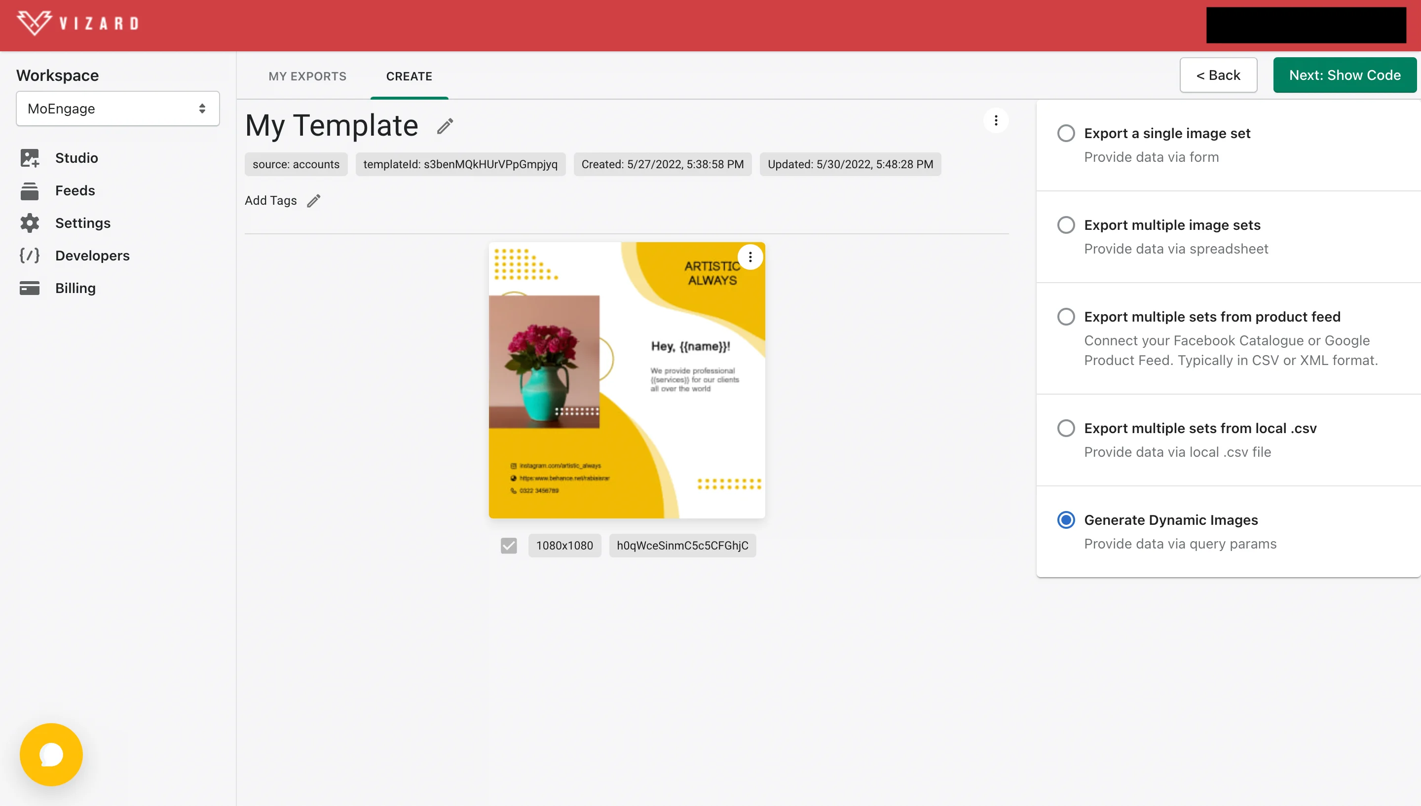 Vizard Use this template screen with the Generate Dynamic Images option selected