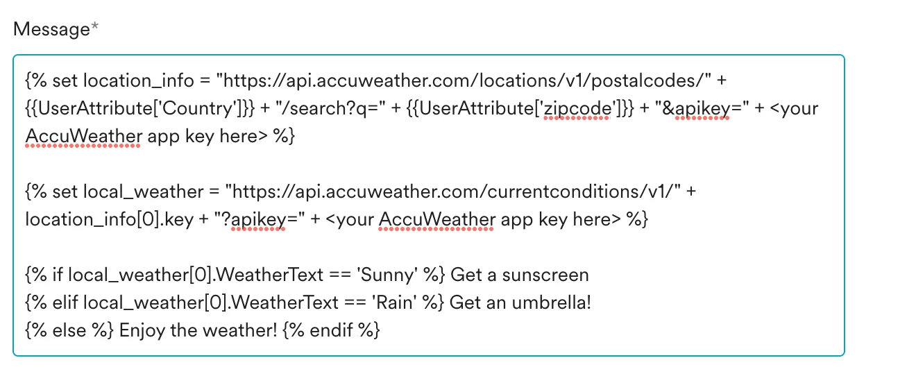 MoEngage editor with conditional weather-based content templated using JINJA