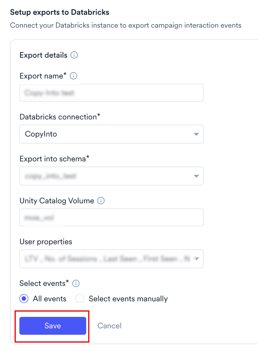 エクスポート名、Databricks接続、エクスポート先スキーマ、Unity Catalog Volume、ユーザープロパティ、イベント選択の各フィールドを表示し、Saveボタンが強調表示されたDatabricksへのエクスポート設定フォーム
