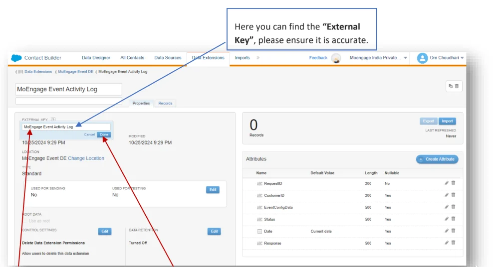 MoEngage Event Activity Log External Key field