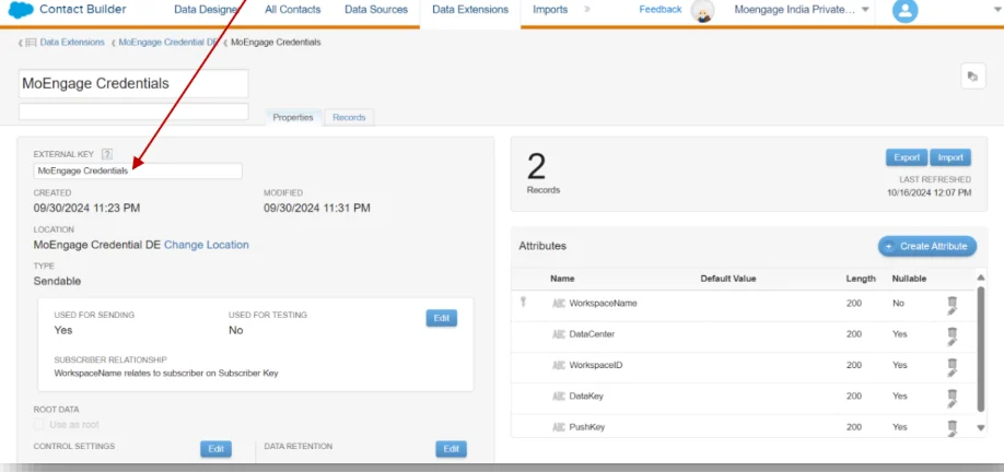 Changing external key of the Credentials Data Extension