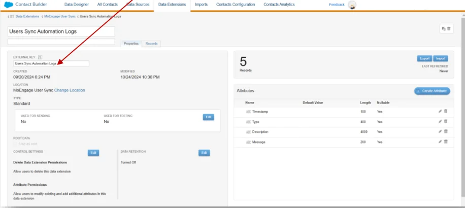 Changing external key of the User Sync Automation Logs Data Extension