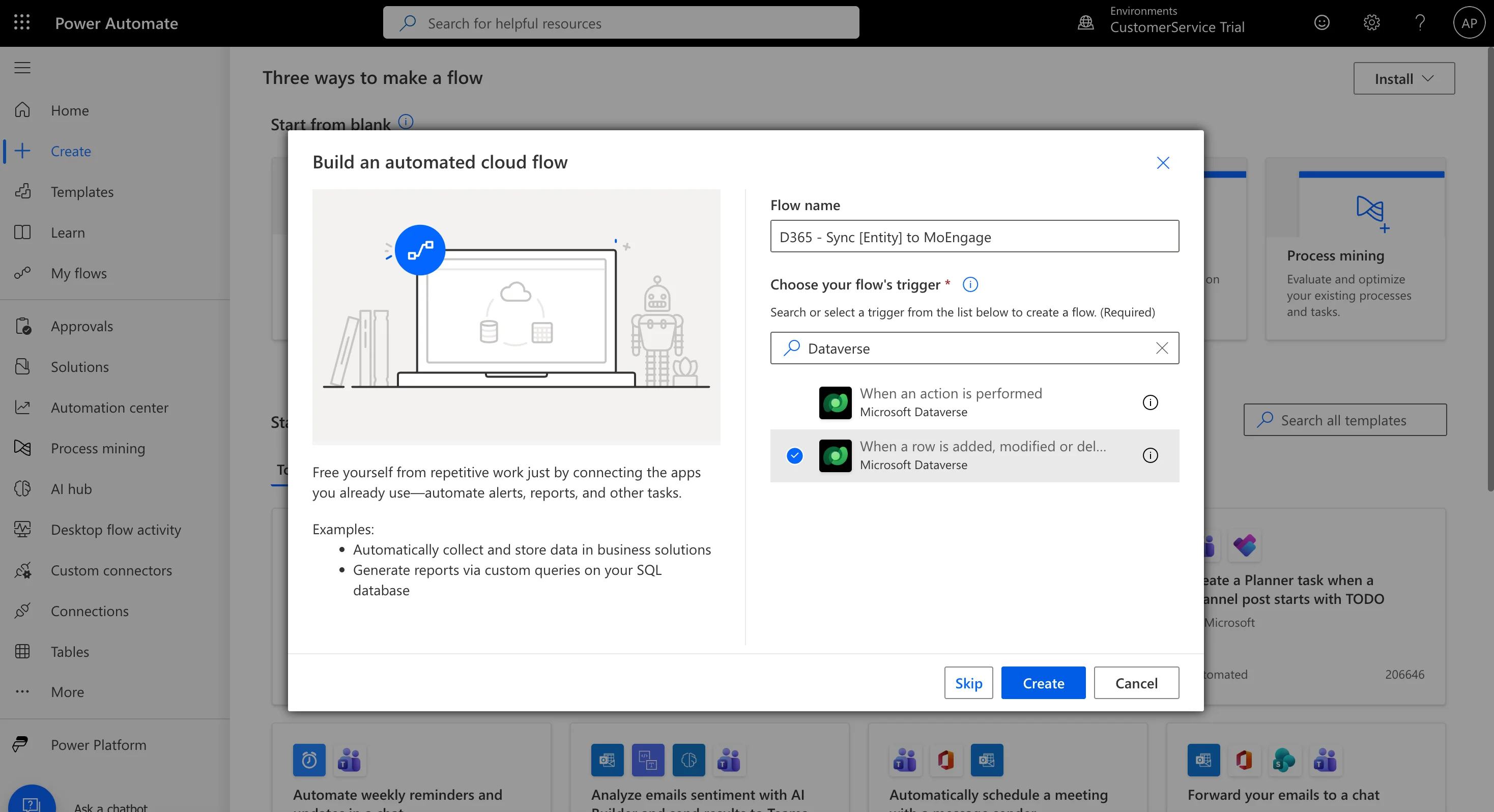 Power Automate trigger configuration options for Dataverse entities