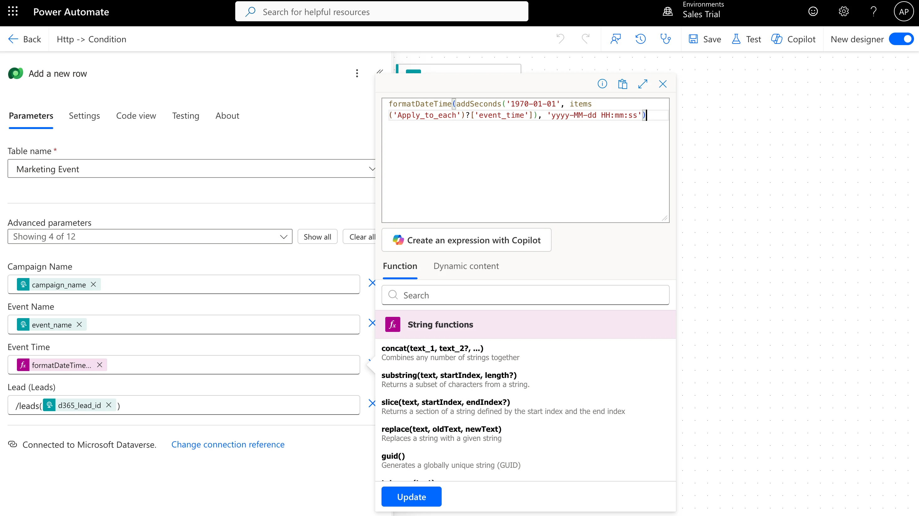 Power Automate expression editor with the Unix-to-DateTime conversion formula
