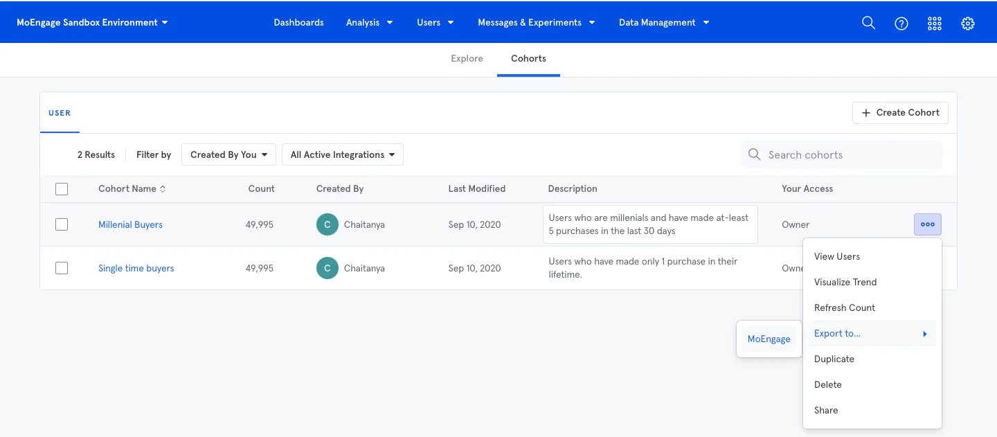 Mixpanel cohort Export to option