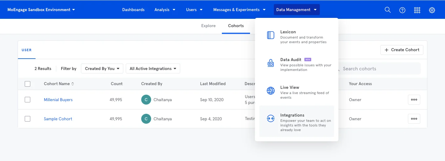 Mixpanel Data Management Integrations menu