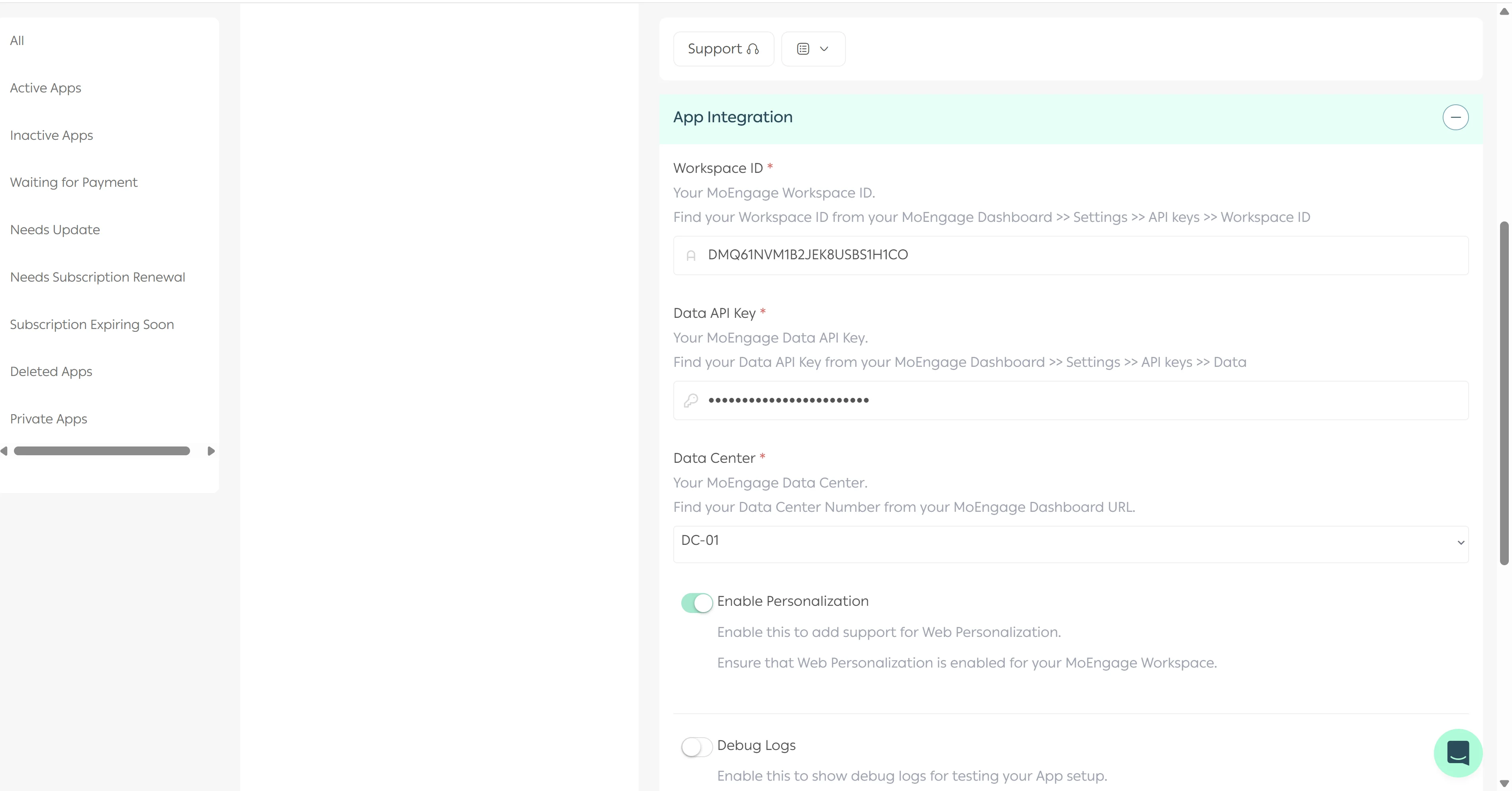 MoEngage app configuration page