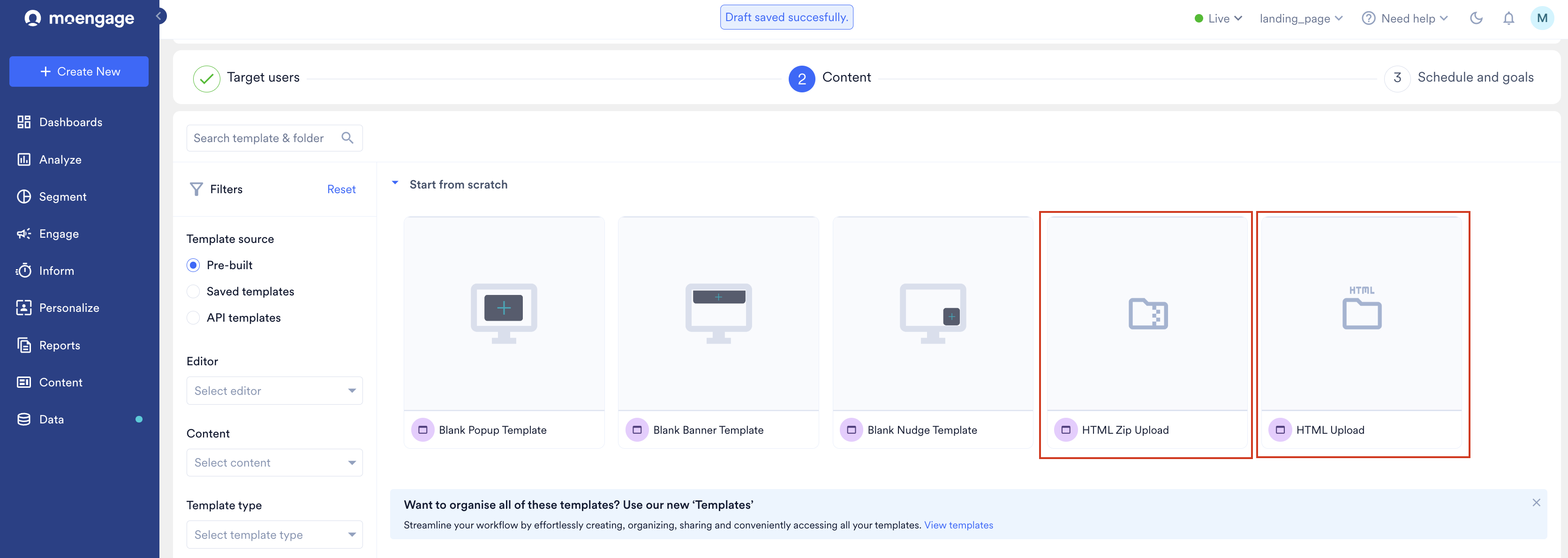 On-site Messaging Content step showing HTML Upload and HTML Zip Upload options under Start from scratch.