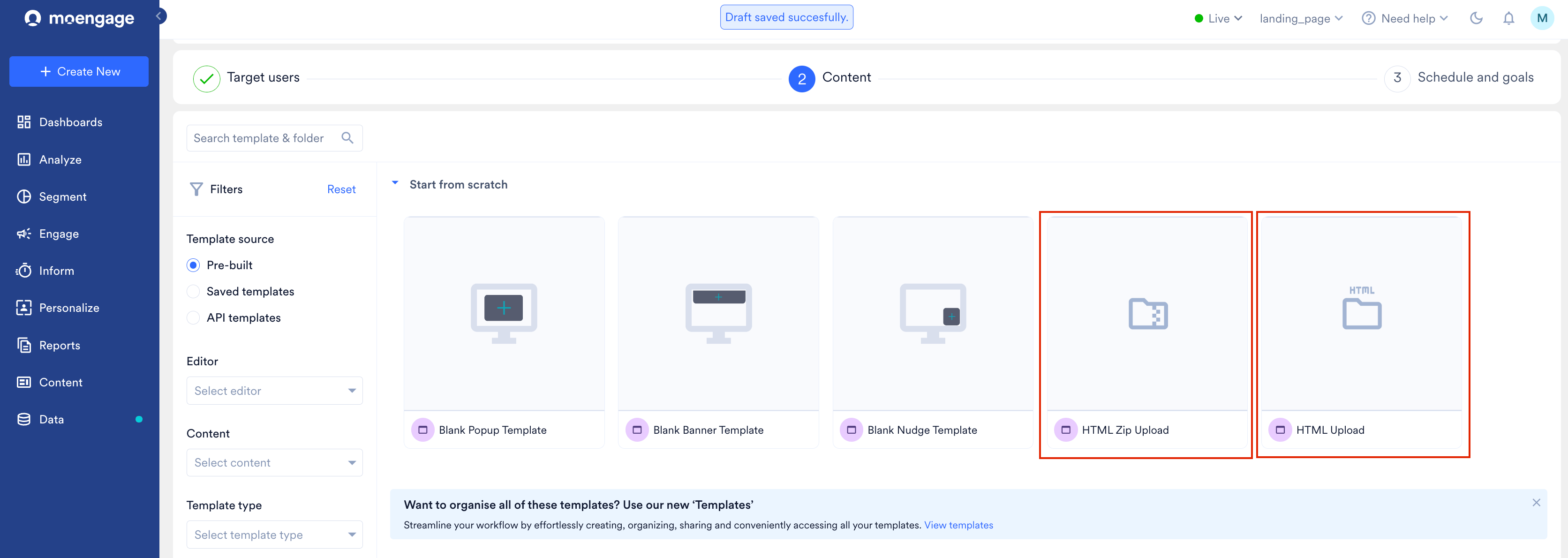 On-site Messaging Content step showing HTML Upload and HTML Zip Upload options under Start from scratch.
