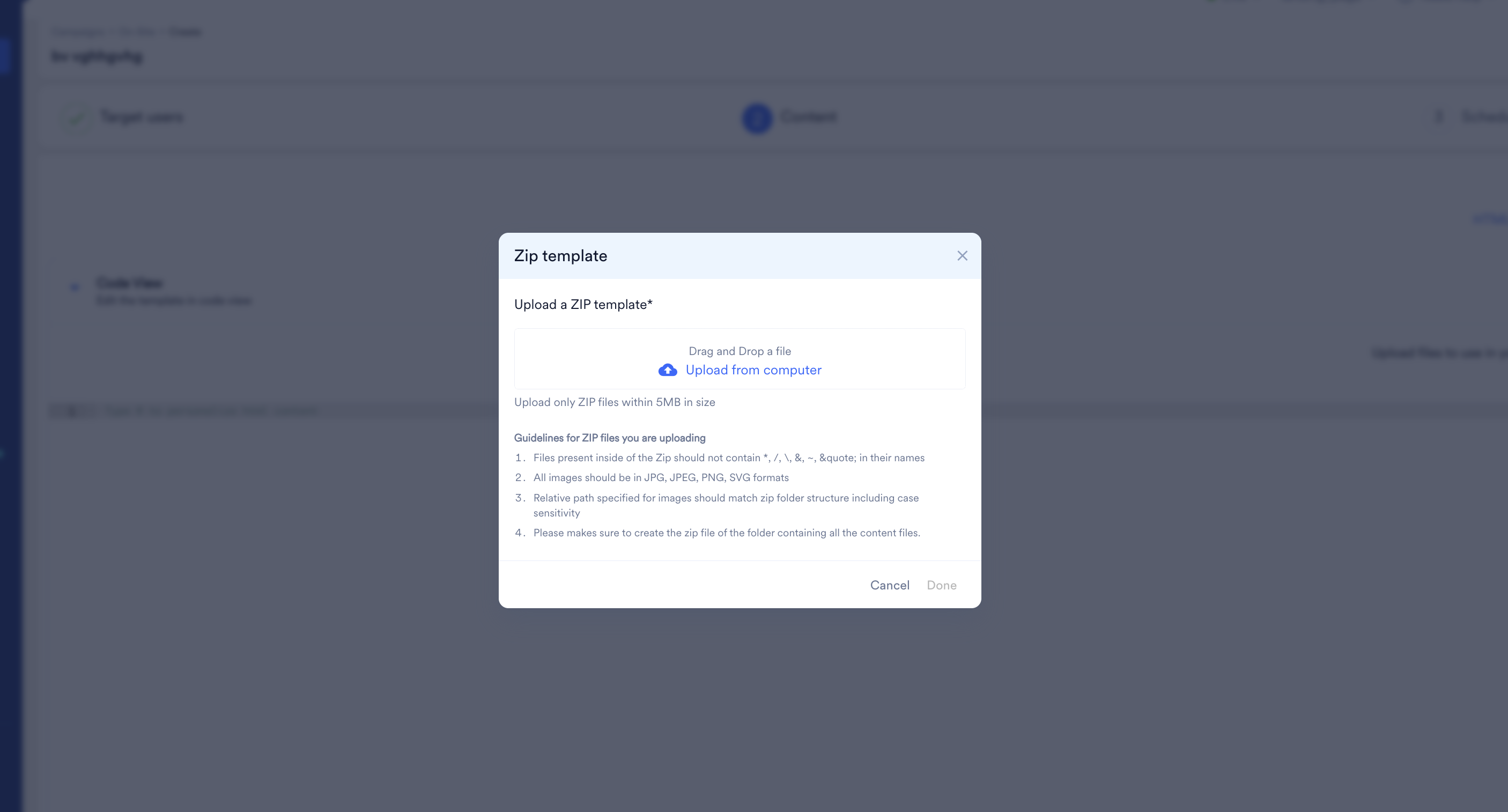 Zip template dialog for uploading an HTML ZIP file to an On-site Messaging campaign.