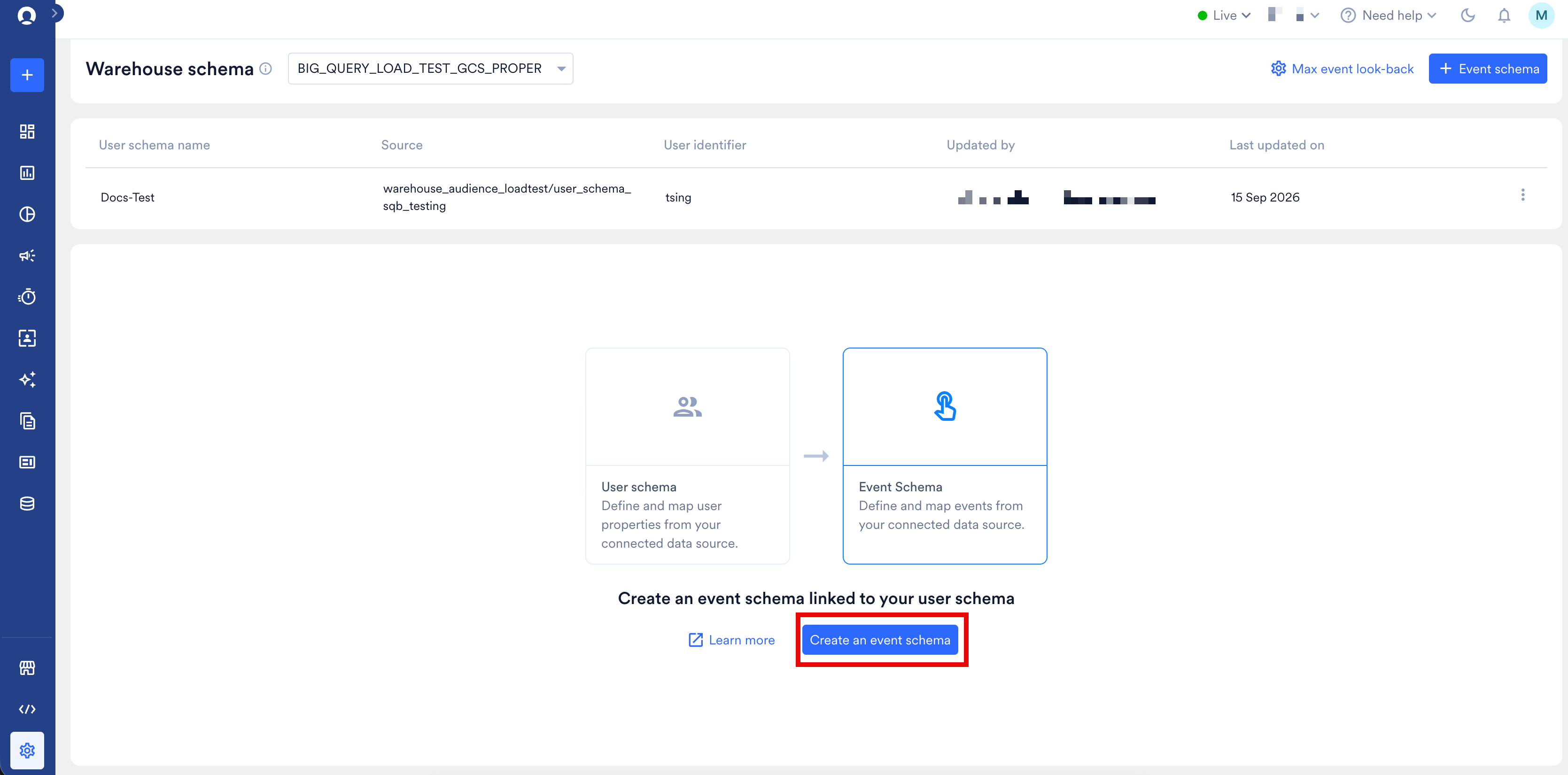 The Warehouse schema page with a user schema created and the Create an event schema button highlighted