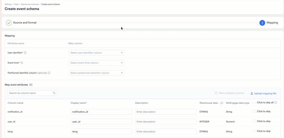 Mapping the event columns, running a test join, and creating the event schema