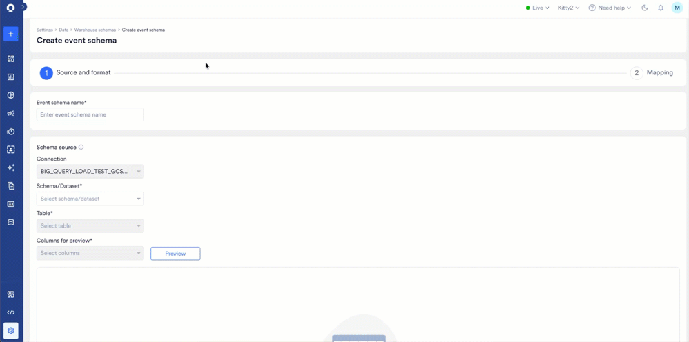 Selecting an event table, previewing it, and naming the event under Map event