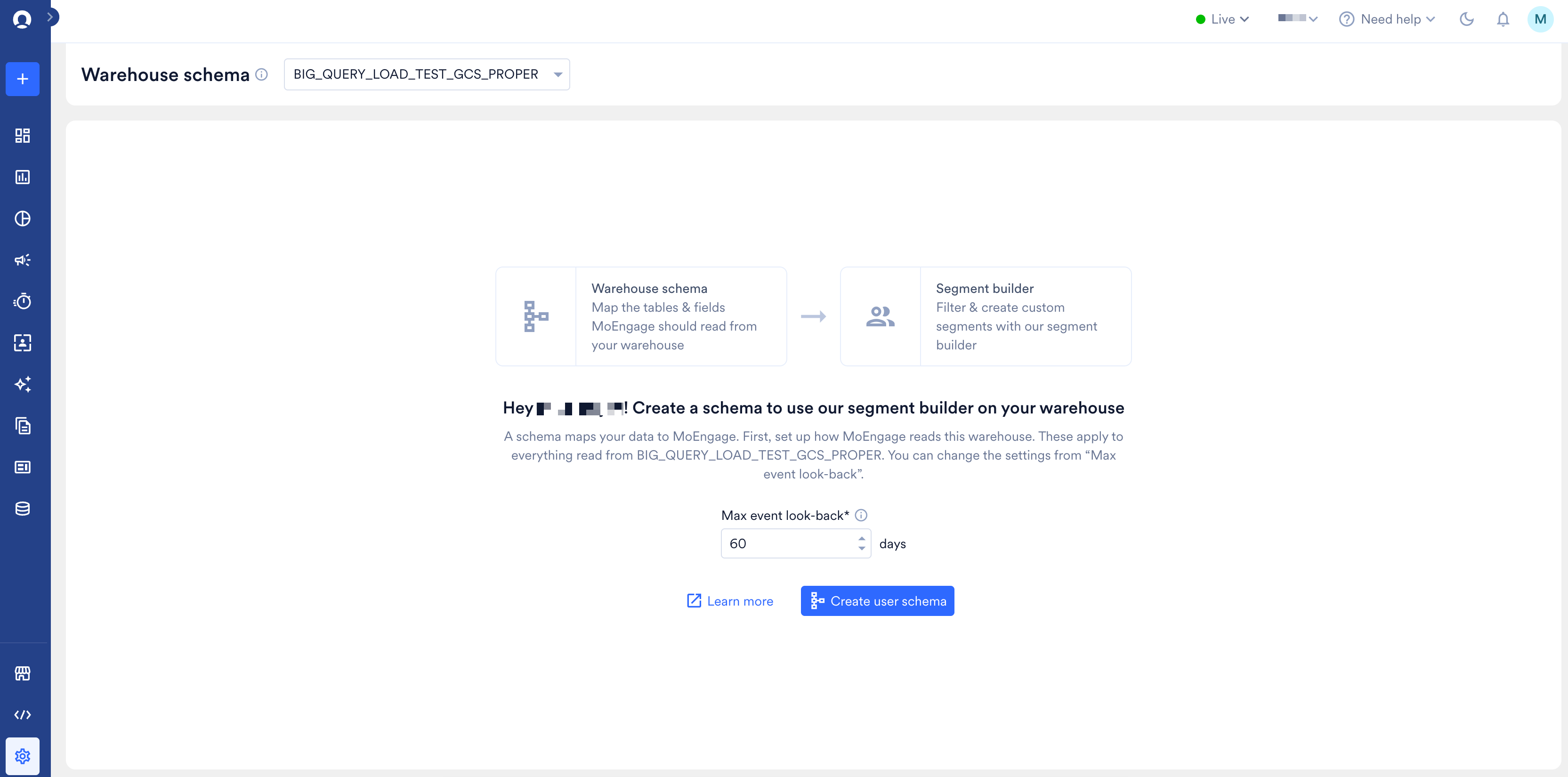The Warehouse schema page before any schema exists, showing the Max event look-back field and the Create user schema button