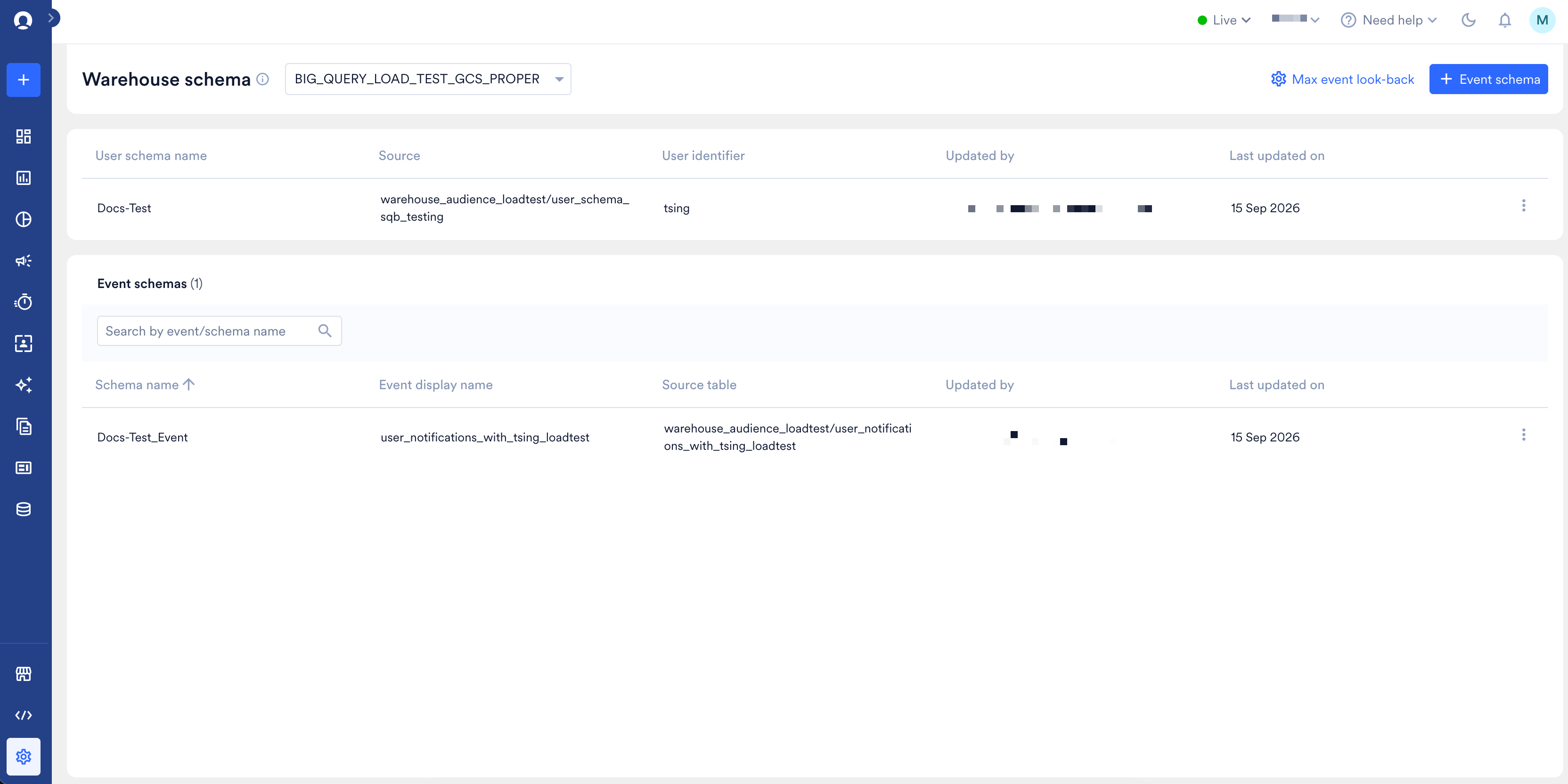 The Warehouse schema page listing a user schema and the event schemas built on it, with the connection selector at the top