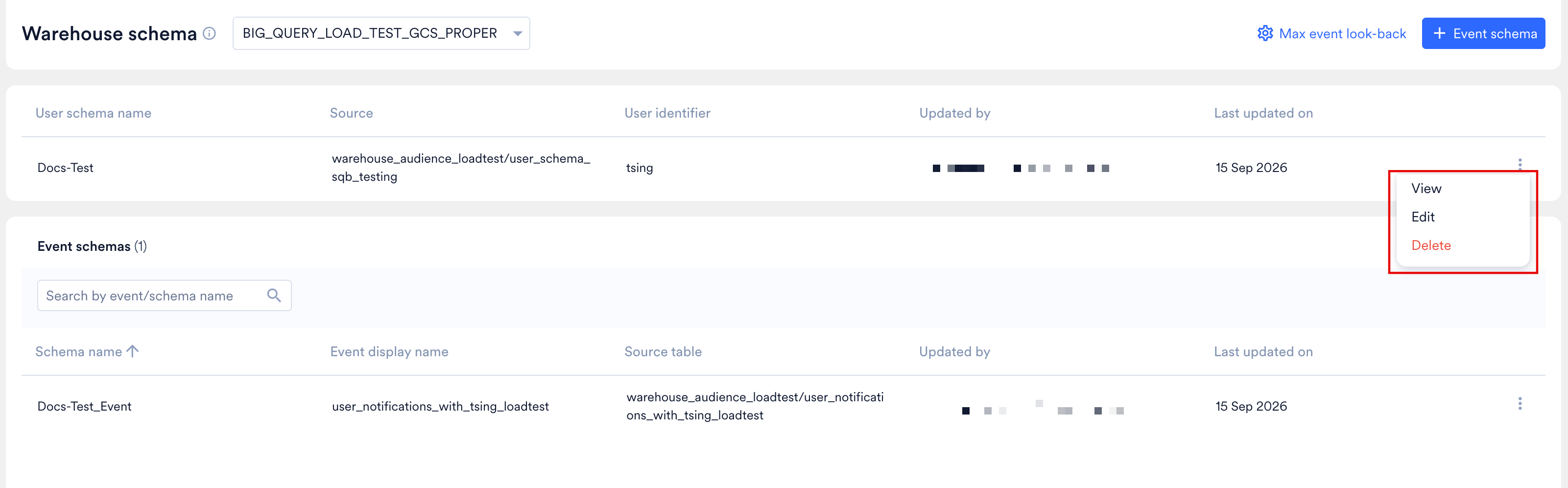 A schema row with the ellipsis menu open, showing the View, Edit, and Delete options