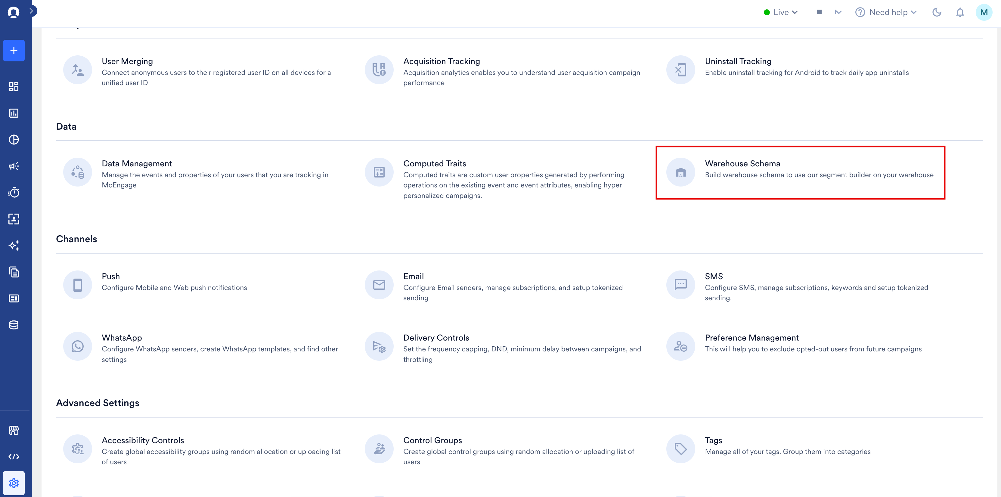 The Data section of Settings with the Warehouse Schema option highlighted