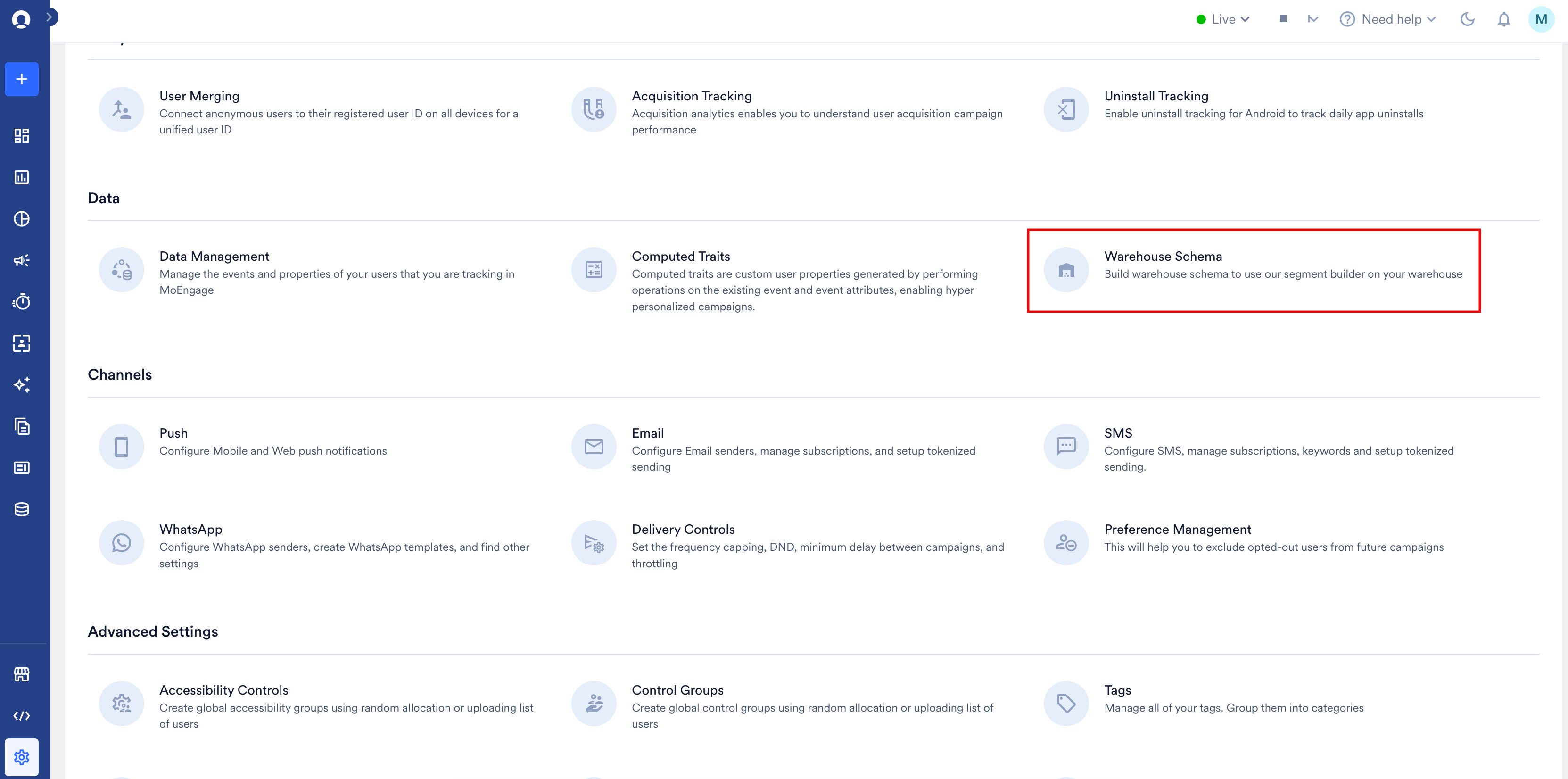 The Data section of Settings with the Warehouse Schema option highlighted