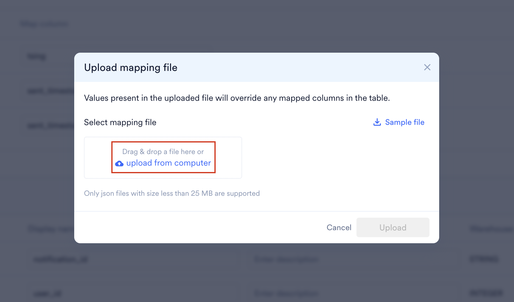 The Upload mapping file dialog with the Sample file link and the drag and drop area