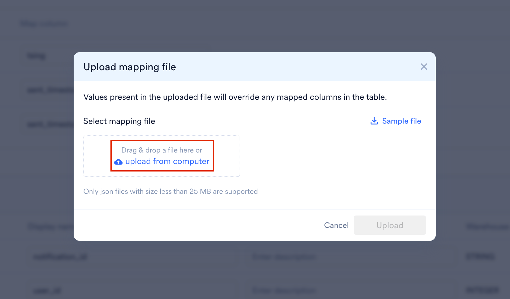 The Upload mapping file dialog with the Sample file link and the drag and drop area