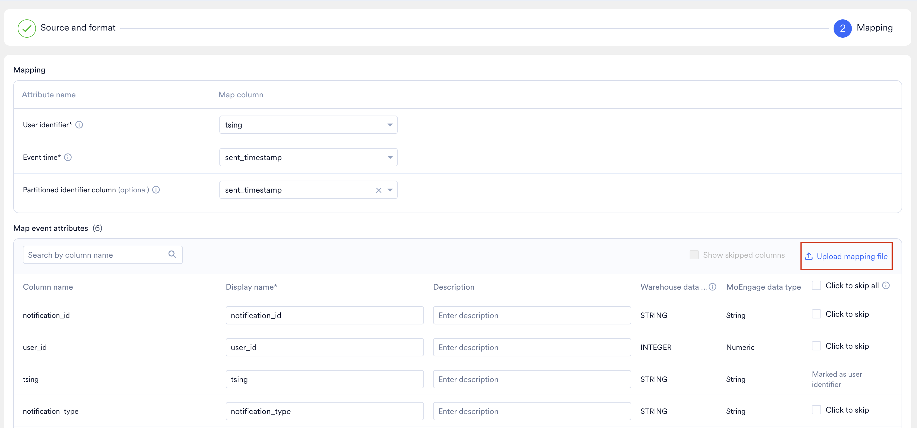 The Mapping step with the Upload mapping file link highlighted above the attribute table