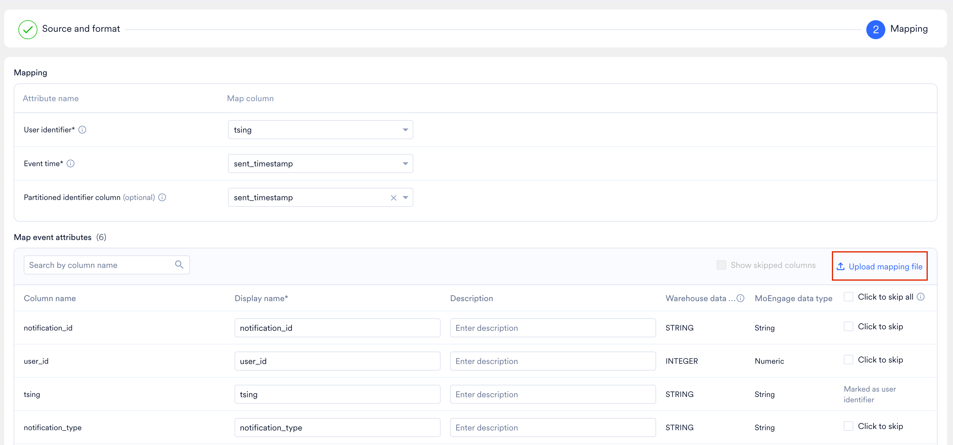 The Mapping step with the Upload mapping file link highlighted above the attribute table