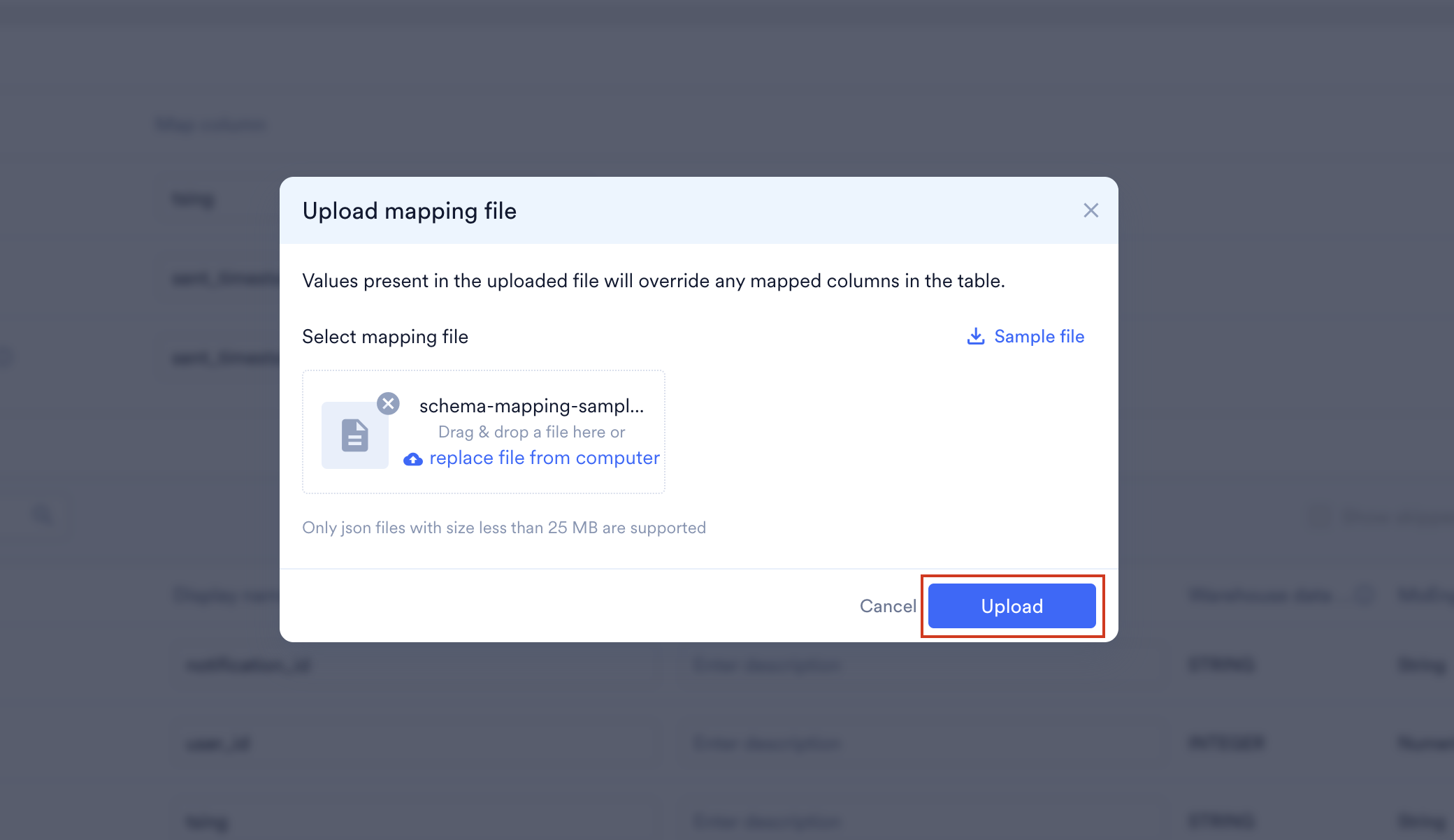 The Upload mapping file dialog with a file selected and the Upload button enabled