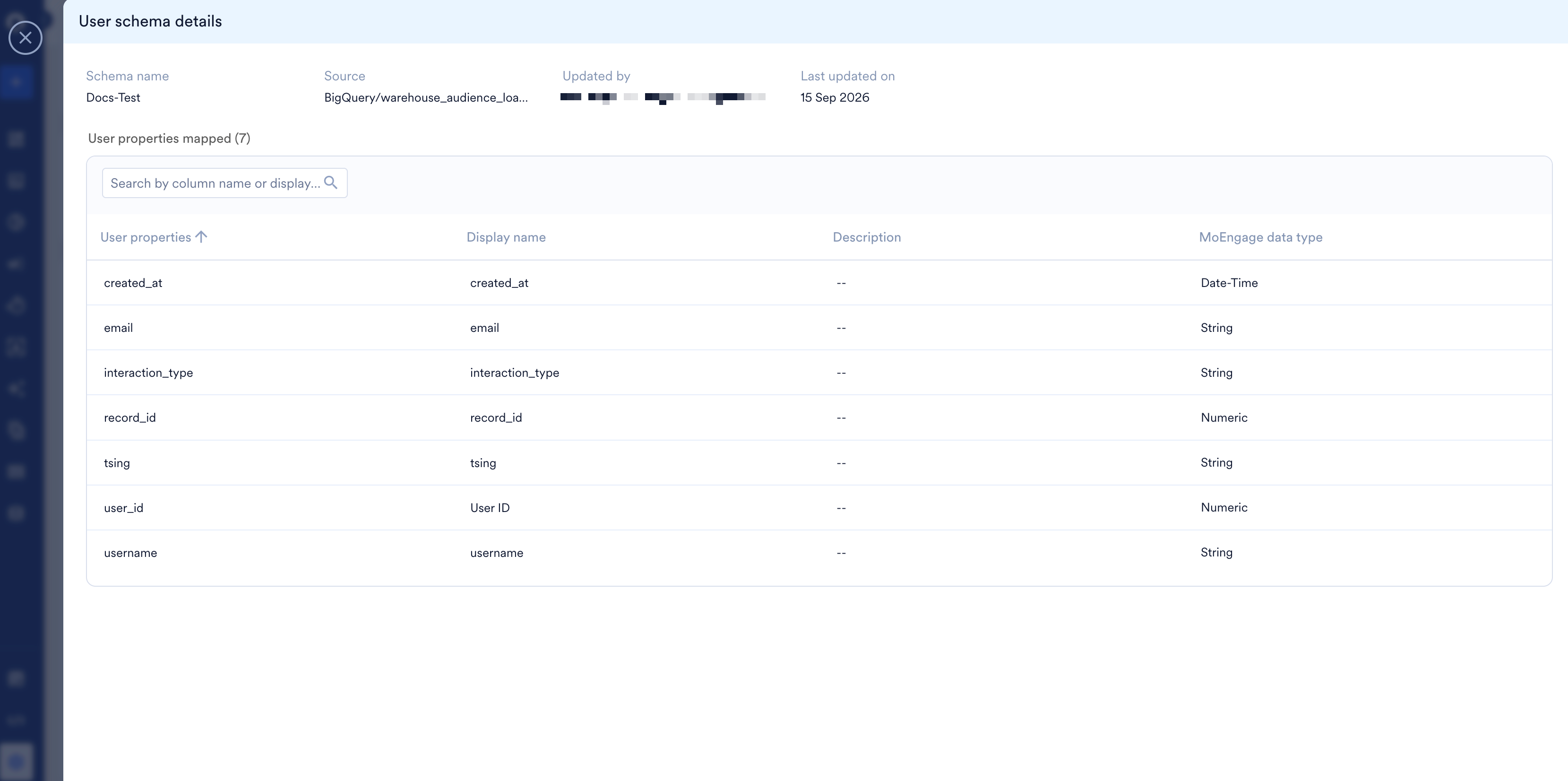 The User schema details panel listing the mapped user properties with their display names and MoEngage data types