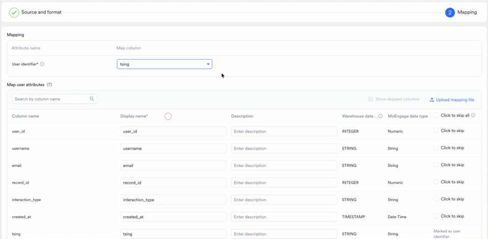 Mapping the user identifier, setting display names for each column, and creating the schema