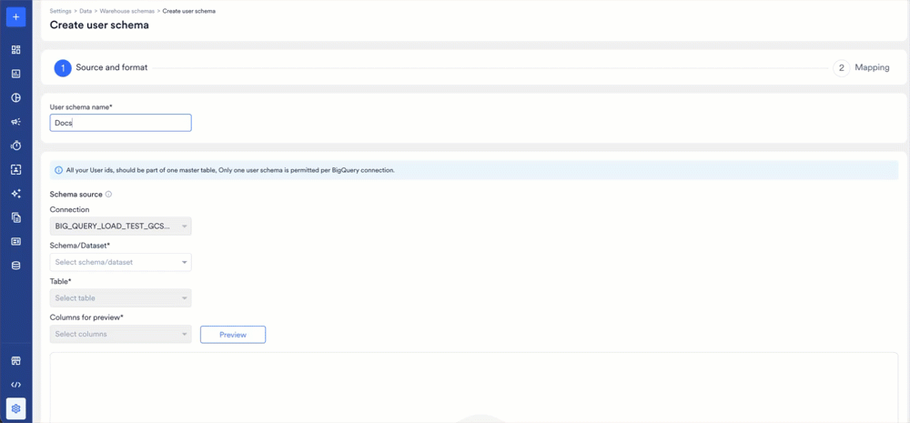 Selecting a dataset, table, and preview columns on the Source and format step, then previewing the table data