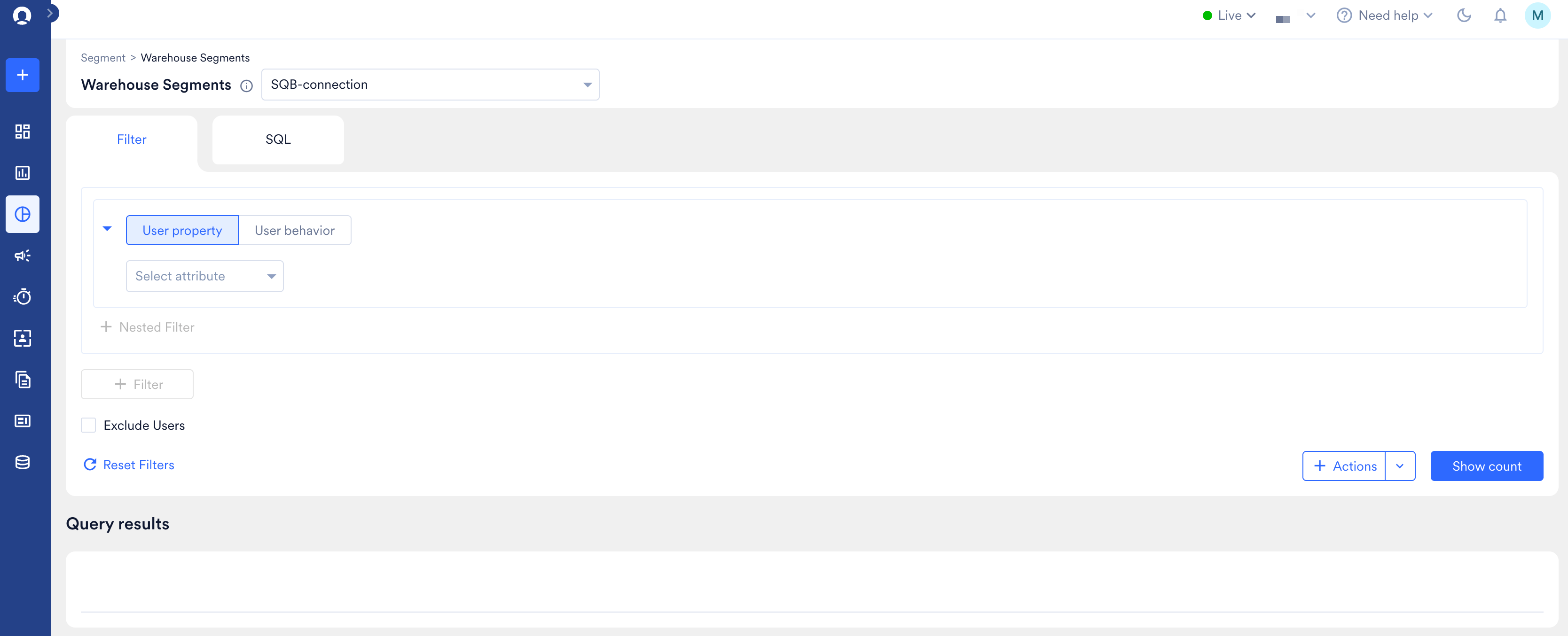 The Warehouse Segments page on the Filter tab, with an empty filter block and the Show count button