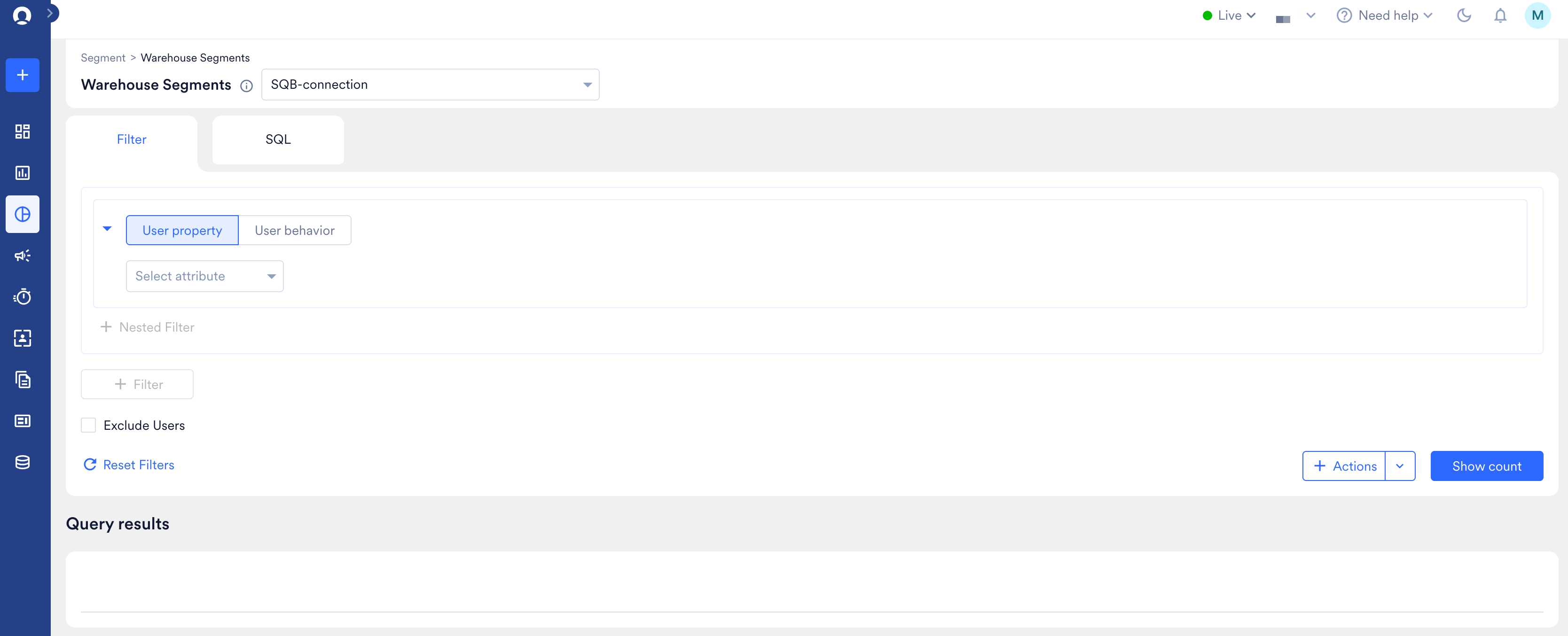 The Warehouse Segments page on the Filter tab, with an empty filter block and the Show count button