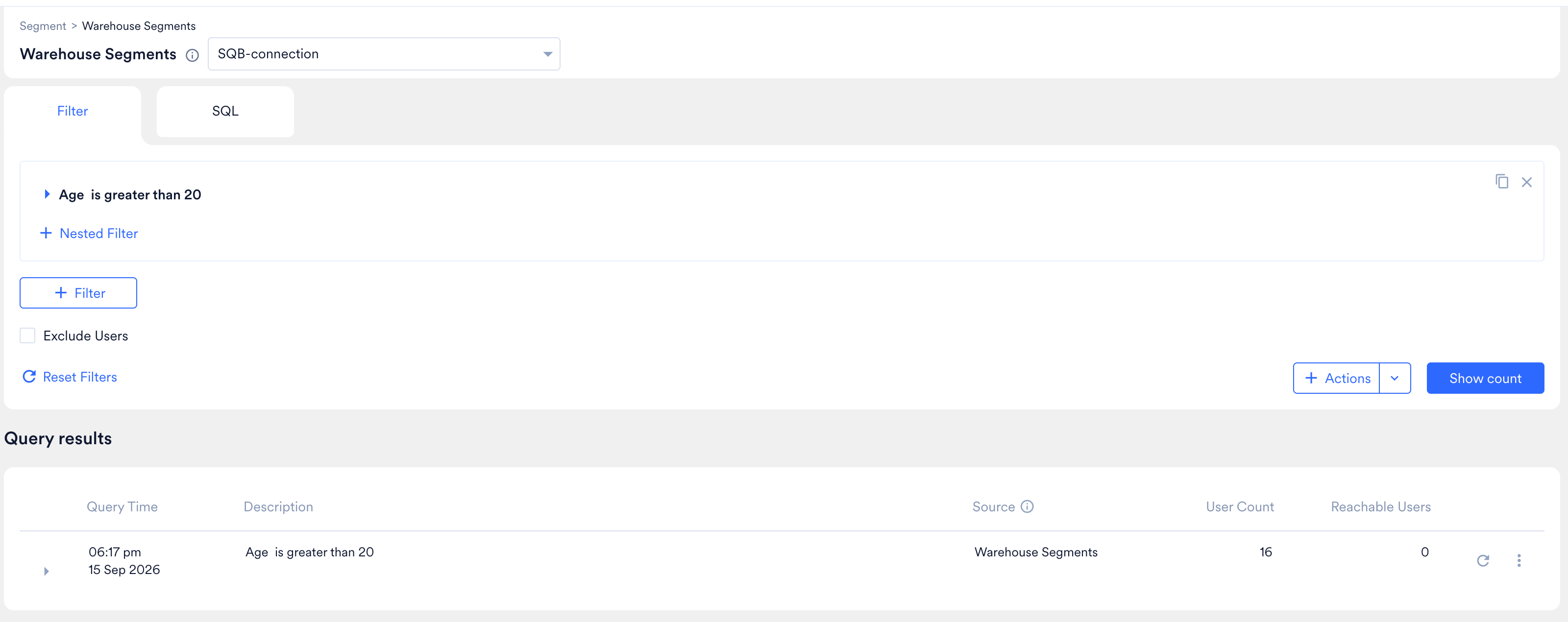 The Query results table showing query time, description, source, user count, and reachable users for a run