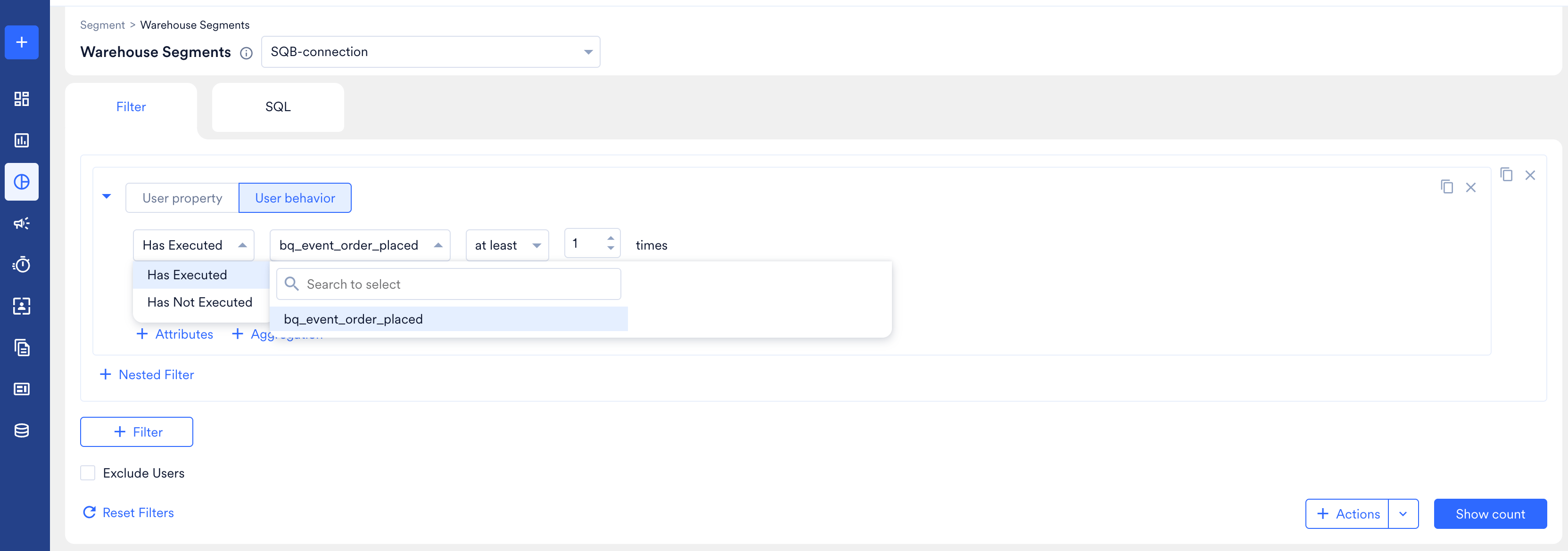 A user behavior filter set to Has Executed an event at least one time, with the event dropdown open