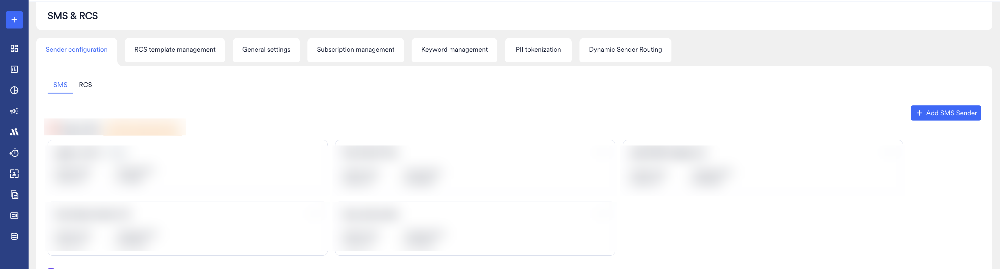 SMS & RCS Sender configuration page showing the Add SMS Sender button
