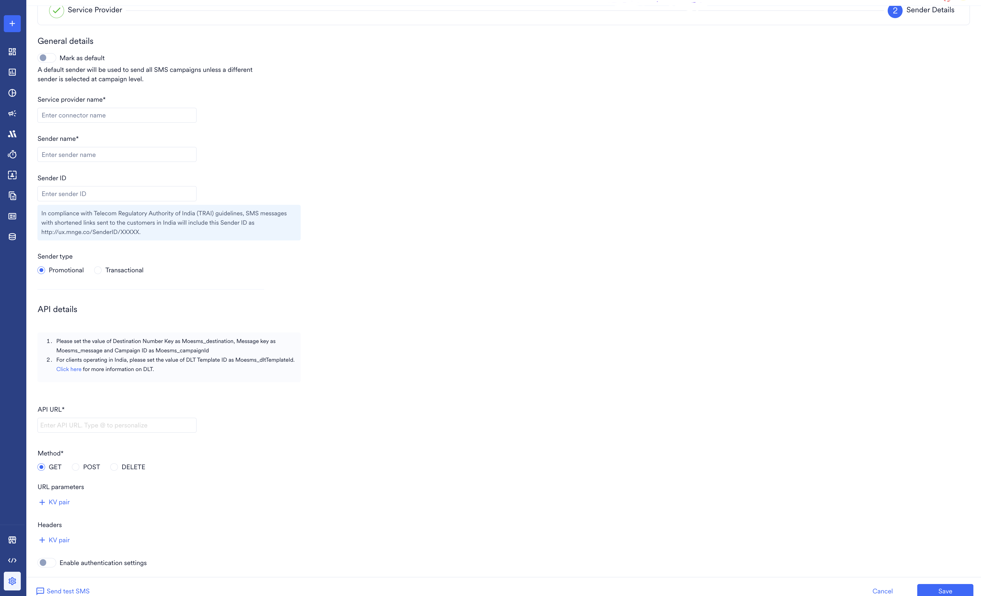 Sender Details screen for a direct Vonage SMS API sender, showing the General details and API details fields