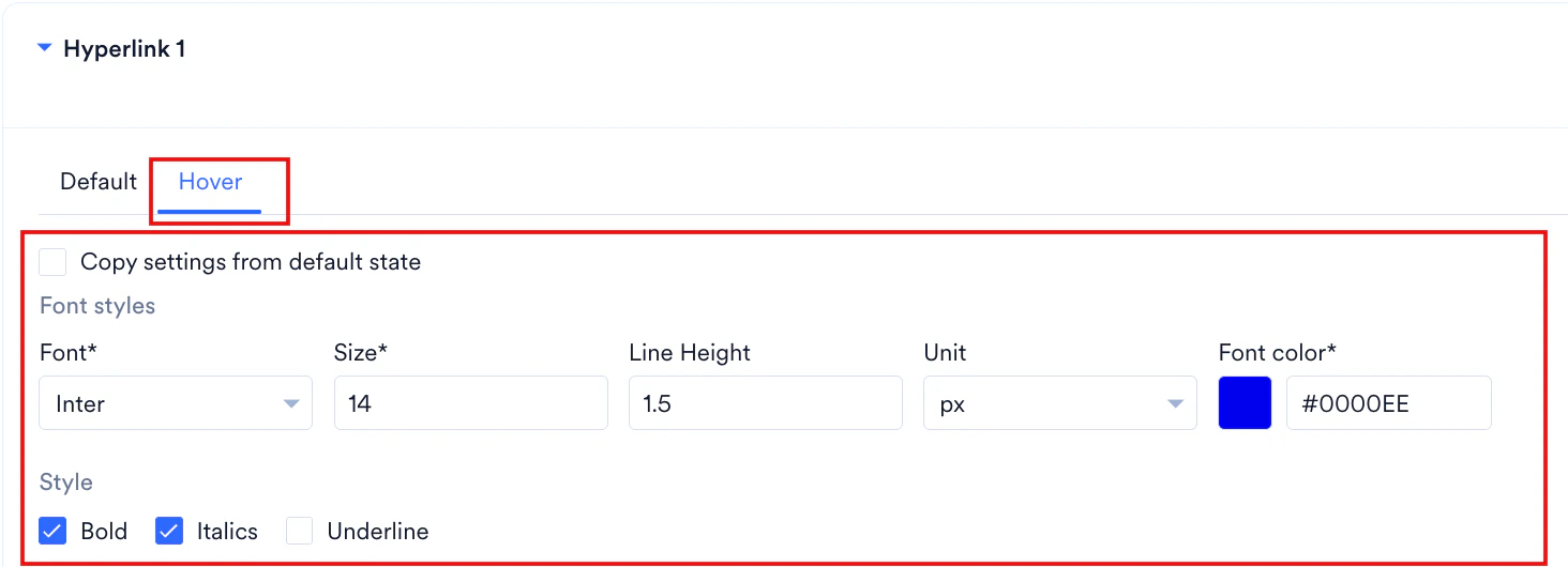 Hyperlinks hover settings