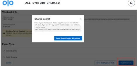 Olo Dashboard showing the Shared Secret field during webhook creation