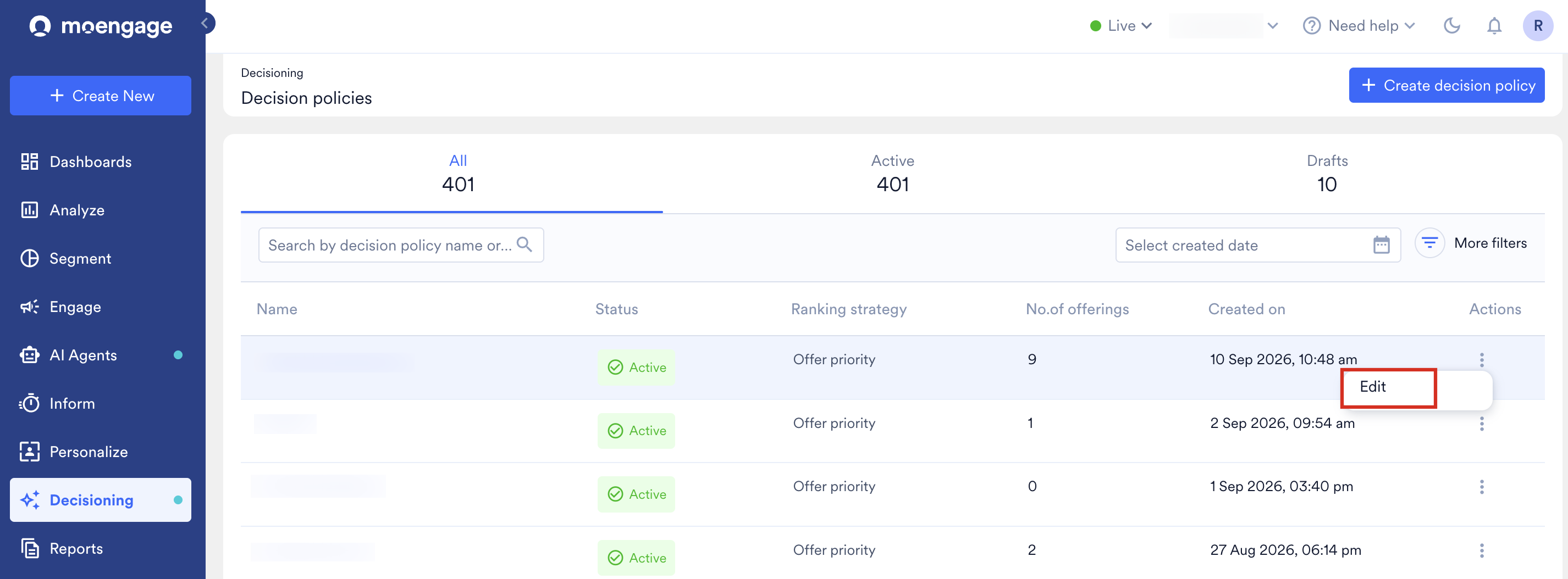 All、Active、Draftsタブ、検索バー、作成日およびフィルターコントロール、Name、Status、Ranking strategy、No. of offerings、Created on、Actions列を含むポリシーテーブルが表示されたDecision policies一覧ページ