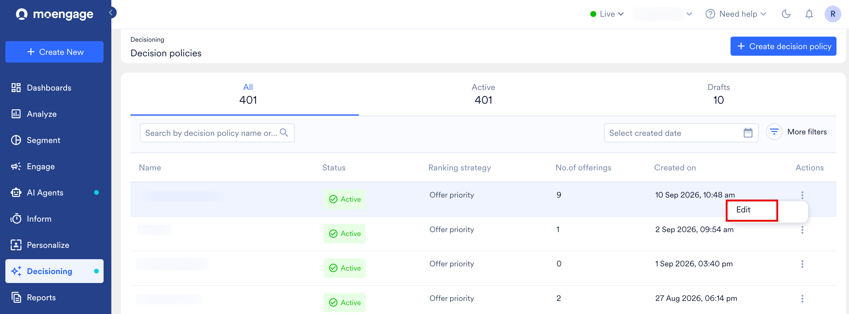 All、Active、Draftsタブ、検索バー、作成日およびフィルターコントロール、Name、Status、Ranking strategy、No. of offerings、Created on、Actions列を含むポリシーテーブルが表示されたDecision policies一覧ページ
