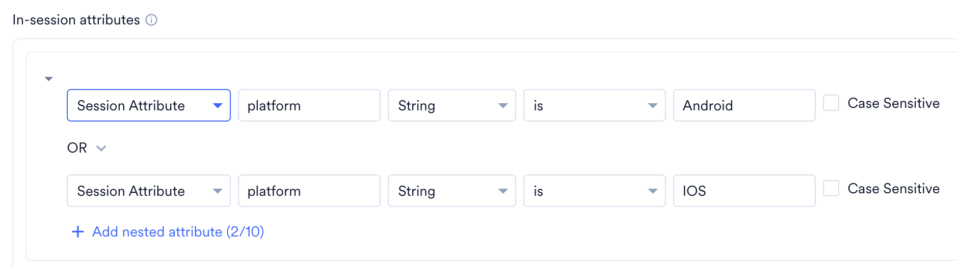 One group with two conditions joined by OR: platform is Android and platform is IOS
