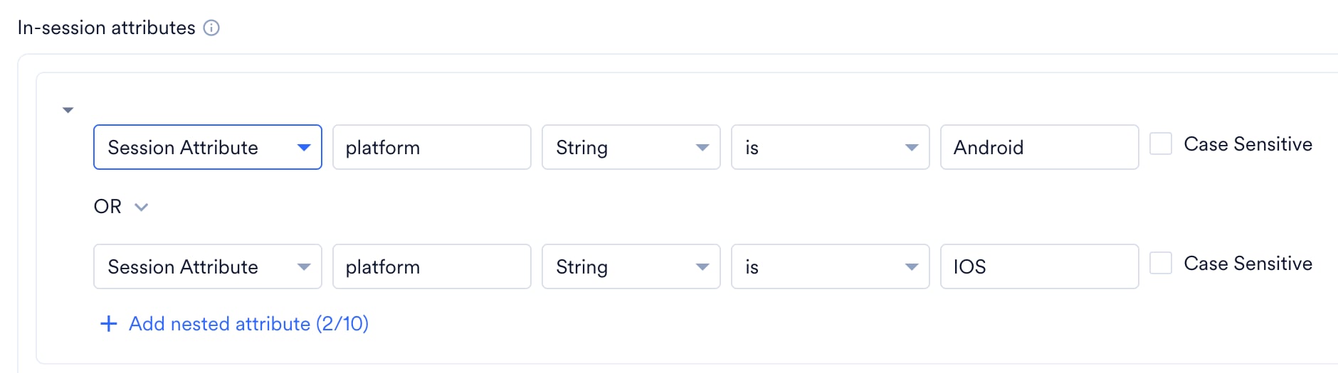 One group with two conditions joined by OR: platform is Android and platform is IOS