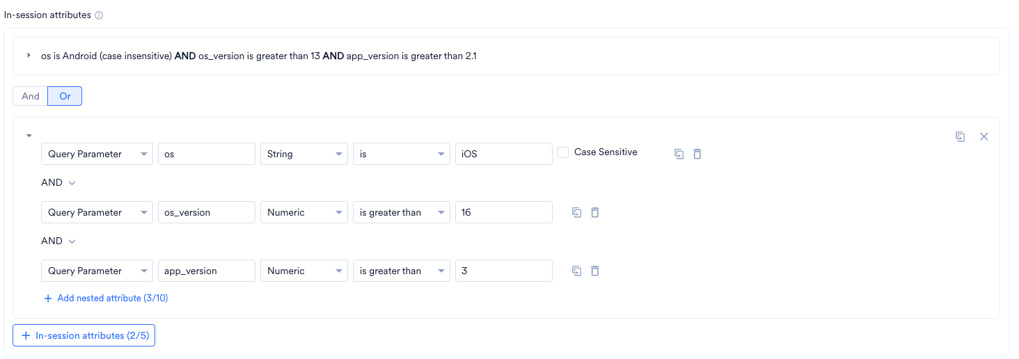 Two groups joined by Or using Query Parameter: os is Android AND os_version is greater than 13 AND app_version is greater than 2.1, and os is iOS AND os_version is greater than 16 AND app_version is greater than 3