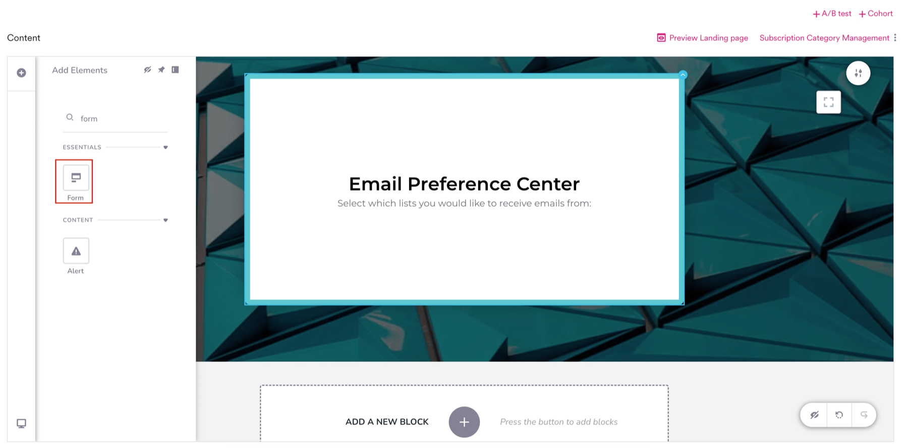 Form element listed under the Essentials section of the landing page editor's Add Elements panel.