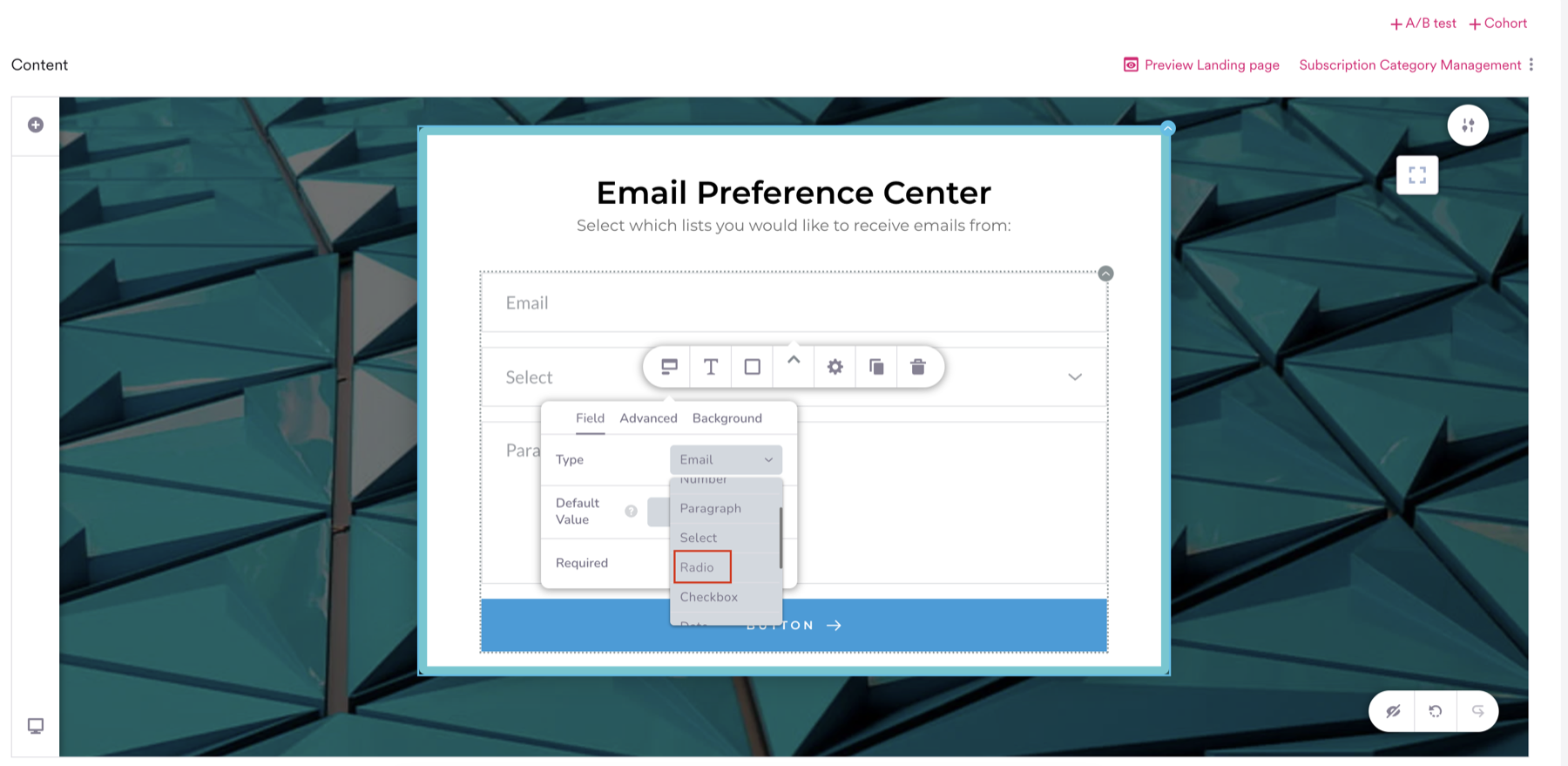 Field editor Type dropdown showing Radio and Checkbox options for a form field.