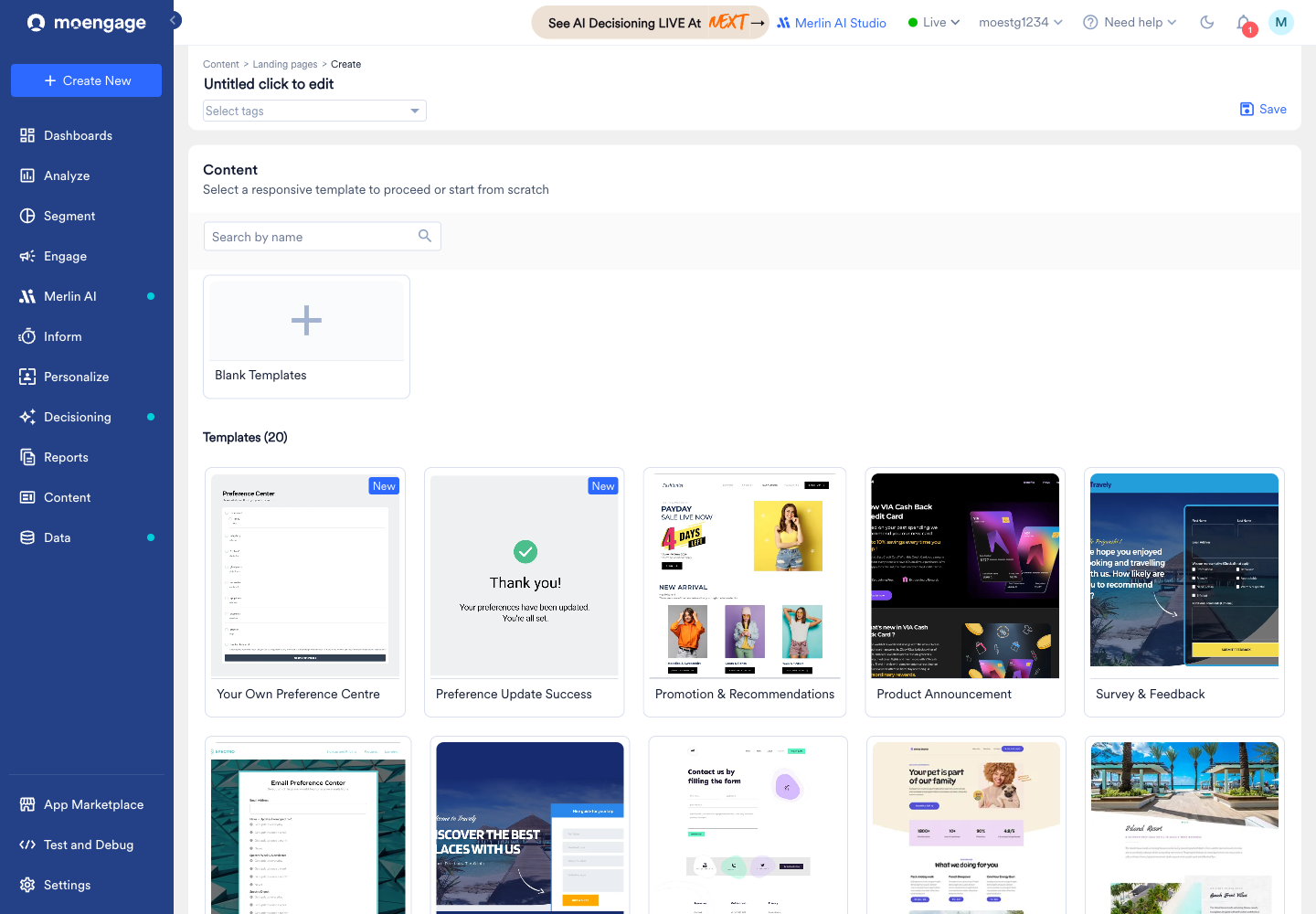 Landing page template gallery showing the Your Own Preference Centre and Preference Update Success templates.