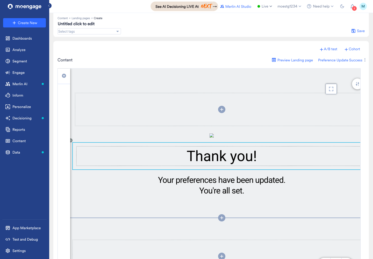 Preference Update Success template showing a Thank you confirmation that the user's preferences have been updated.