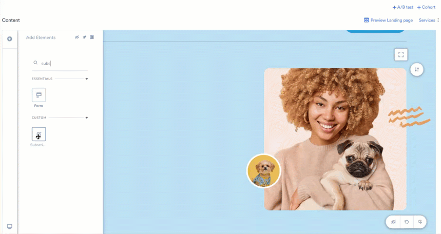 Dragging the Subscription Categories element onto the canvas, where all configured categories appear with checkboxes.