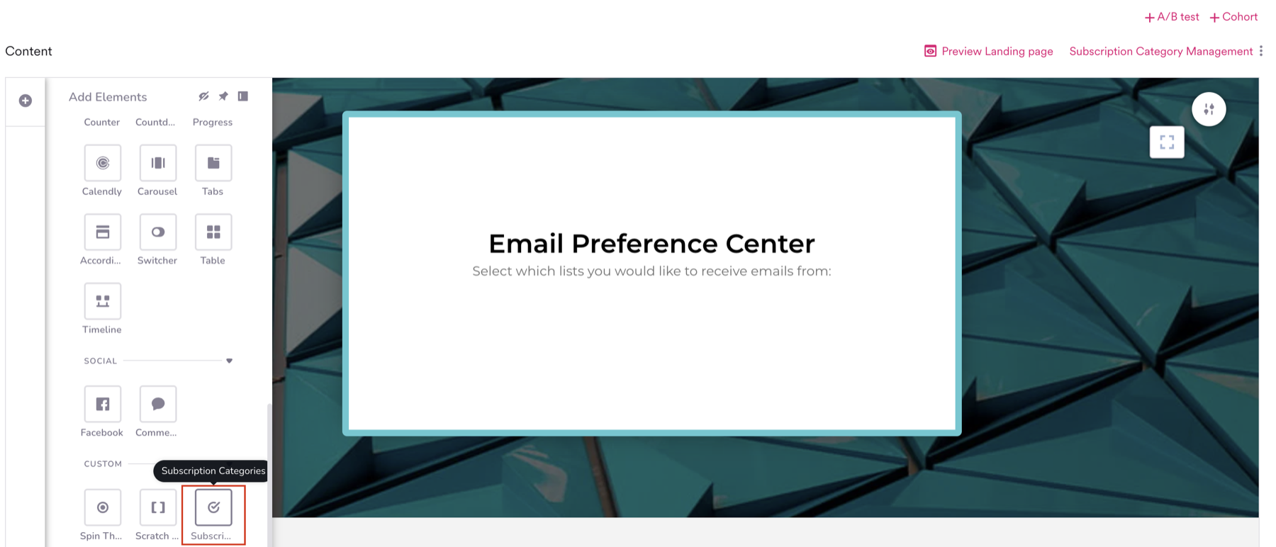Subscription Categories element highlighted in the Custom section of the landing page editor's Add Elements panel.