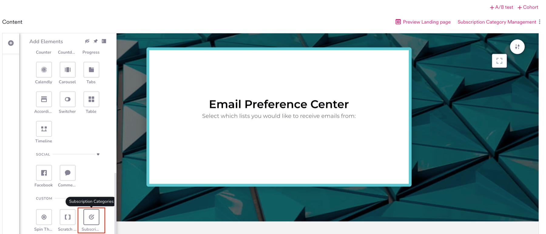 Subscription Categories element highlighted in the Custom section of the landing page editor's Add Elements panel.